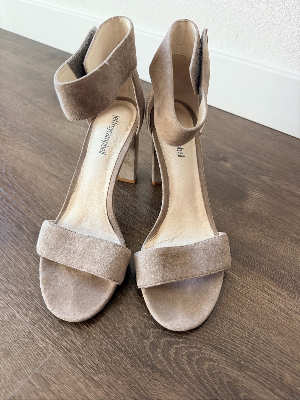 Jeffrey Campbell Taupe Suede Block Heel Sandals with Ankle Strap